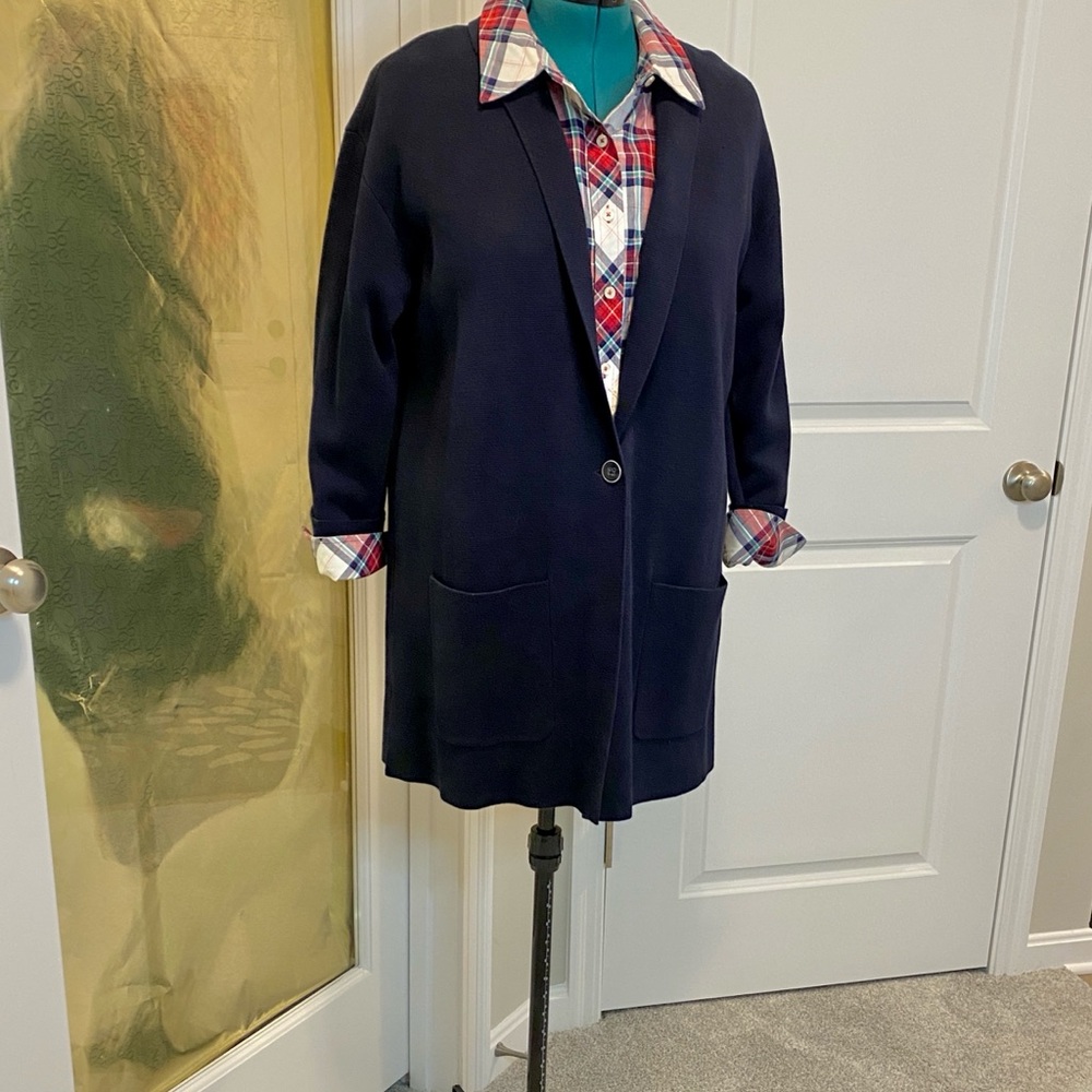 REDUCED!!!   TALBOTS 1X Navy sweater-knit, menswear style blazer-NWT.